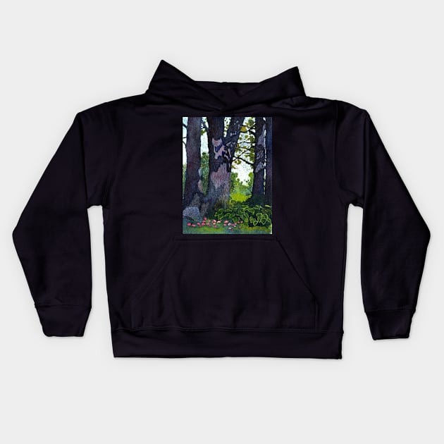 A View Through The Trees, Watercolor and Ink Batik on Rice Paper Kids Hoodie by ConniSchaf